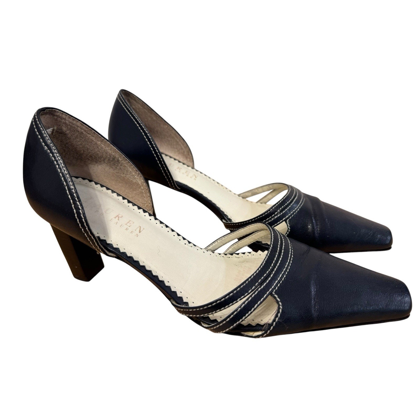 Rare Vintage Ralph Lauren Rlr Womens 6.5 Navy Blue Altheda Pointed Leather Heels